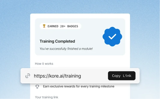 Kore.ai training completion badge with certification and rewards link.