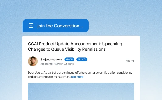Kore.ai community update post on queue visibility permissions by associate manager.