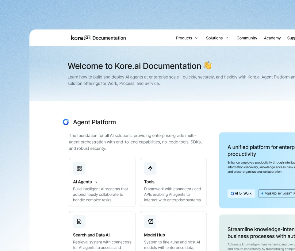Kore.ai documentation homepage showcasing Agent Platform, AI agents, and tools.