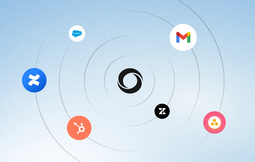 Integration of Kore.ai with Salesforce, Gmail, Jira, HubSpot, Zendesk, and Twilio logos.