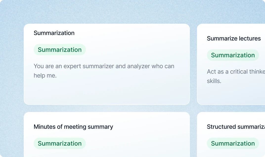 Kore.ai Prebuilt Process Templates for summarization including meeting summaries, structured summaries, and lecture notes.