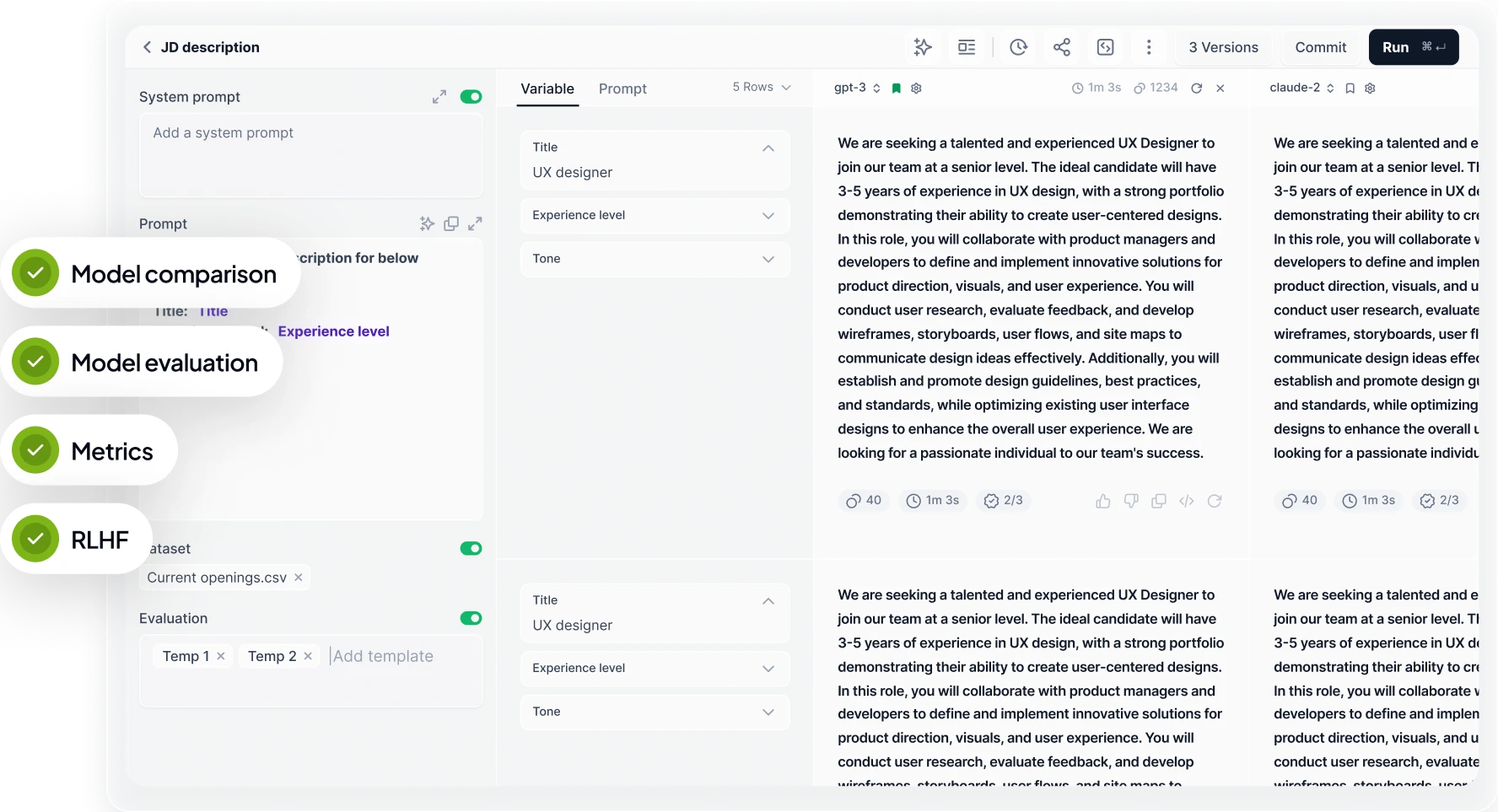 Prompt Studio dashboard comparing AI models for job description generation with system prompts, evaluation metrics, RLHF, and model outputs in Kore.ai Agent Platform.