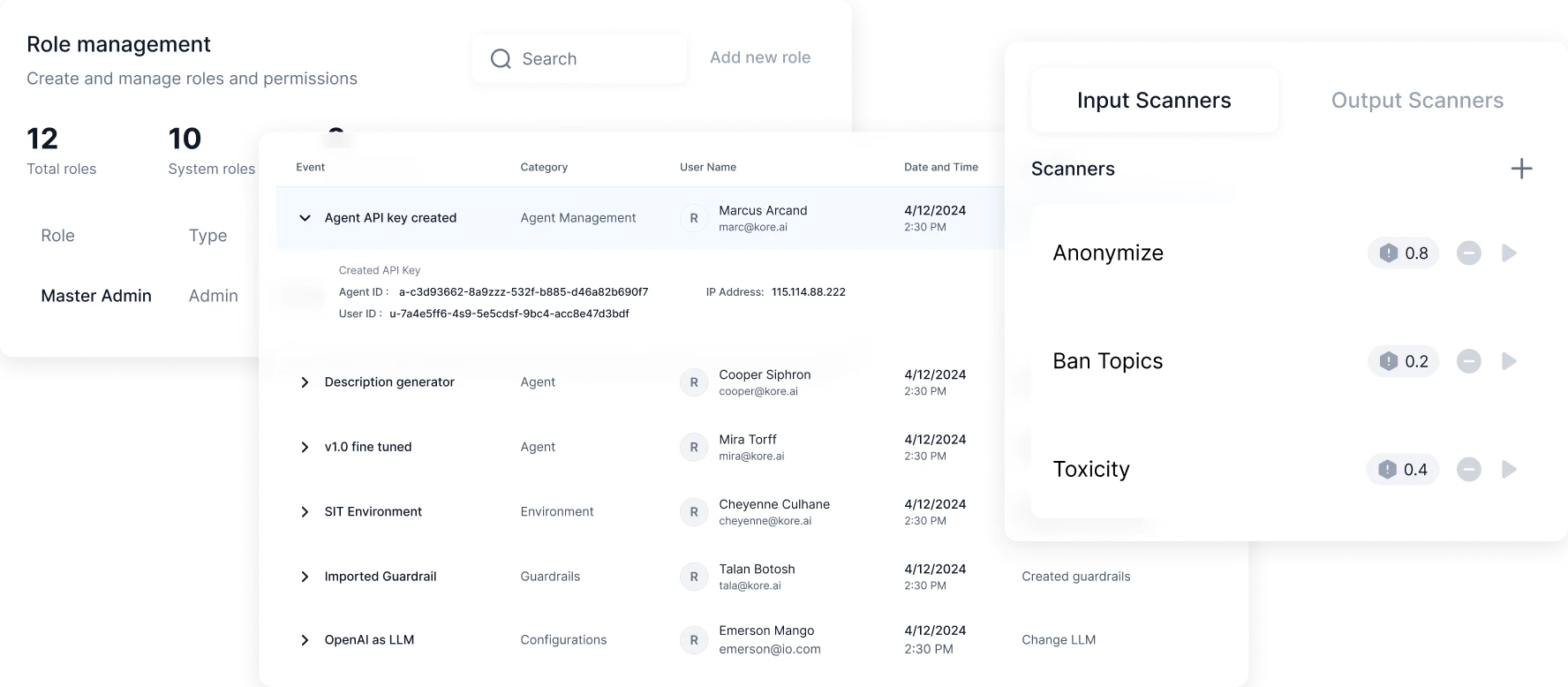 AI governance dashboard in Kore.ai Agent Platform showing role management, API key events, and input scanners for anonymization, topic banning, and toxicity detection.