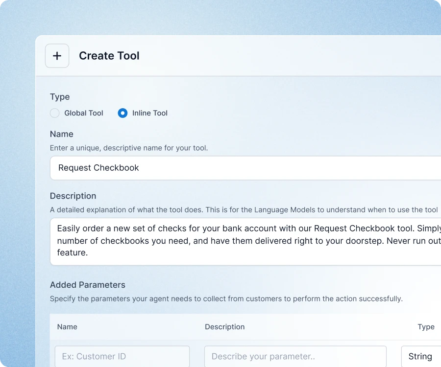 Kore.ai Multi-Agent Orchestration create tool screen showing inline tool setup with request checkbook example, description, and parameter configuration.