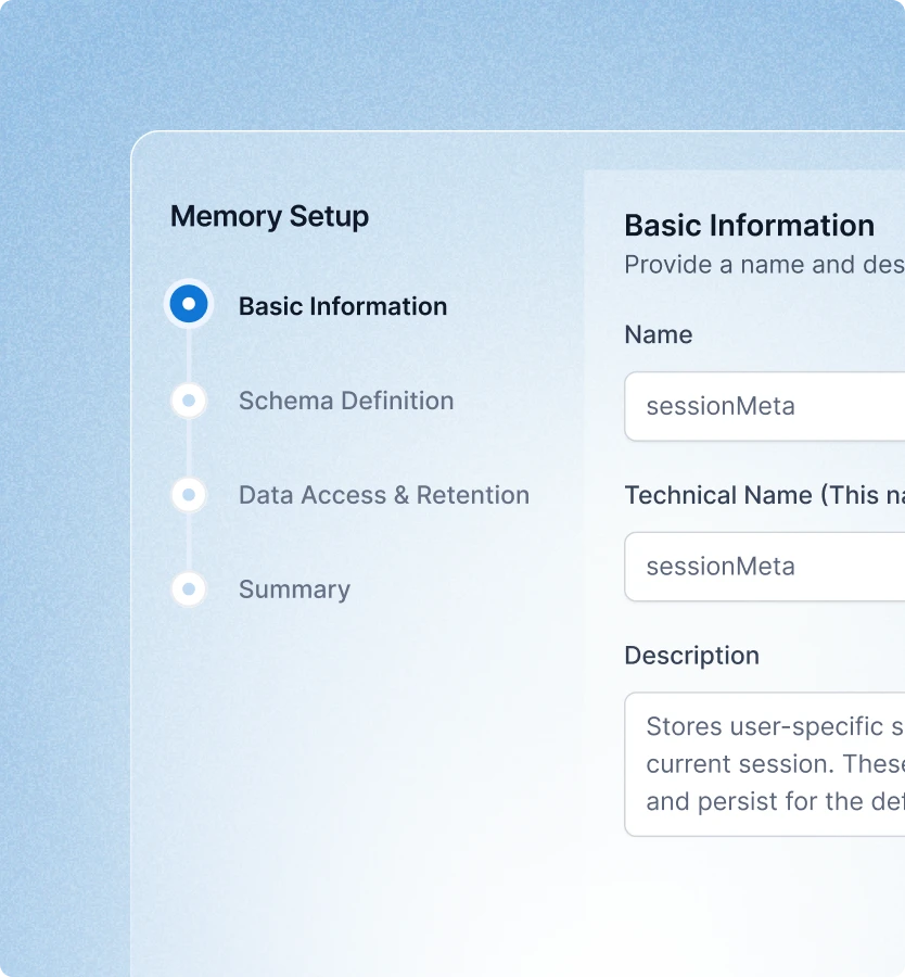 Kore.ai Multi-Agent Orchestration memory setup screen showing configuration steps for basic information, schema definition, data access, and retention to enable intelligent agent operations.