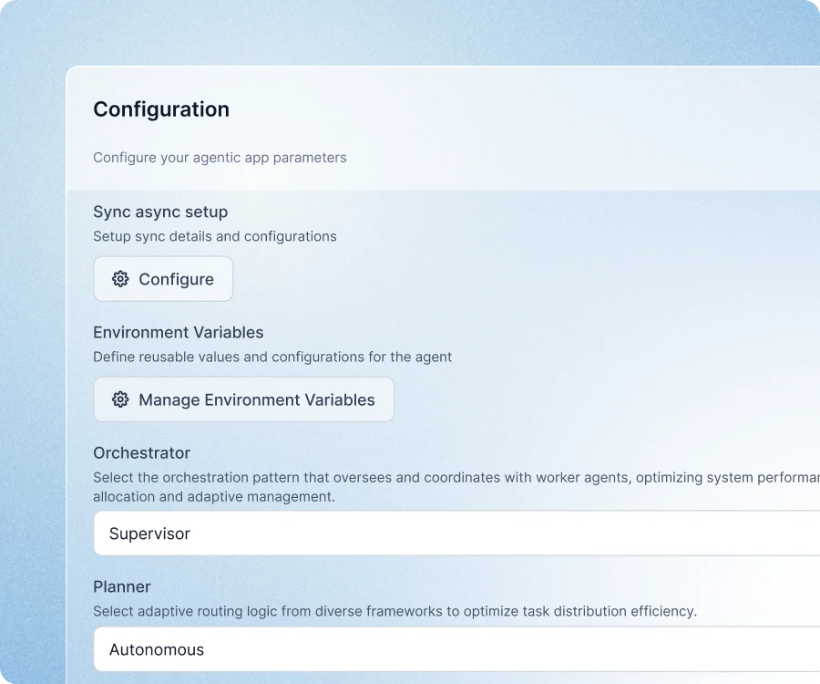 Kore.ai Multi-Agent Orchestration configuration screen showing sync setup, environment variables, orchestrator pattern selection, and autonomous planner options