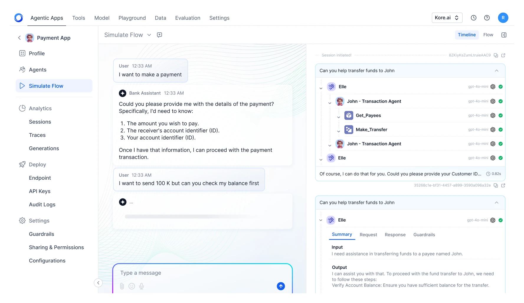 Kore.ai Multi-Agent Orchestration dashboard showing simulated payment flow with transaction agent retrieving payees, executing transfers, and verifying balance.