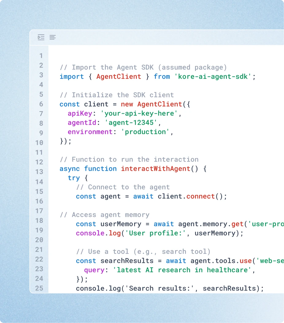 Pro-code SDK example in Kore.ai Agent Platform showing JavaScript code snippet to connect agents, access memory, and run tools.
