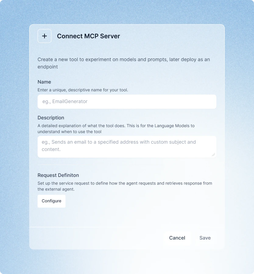Kore.ai Agent Platform screen for connecting MCP server to create tools with description, request definition, and endpoint setup.