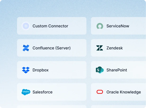 Kore.ai AI Agents integration dashboard with connectors for ServiceNow, Zendesk, Confluence, SharePoint, Salesforce, Dropbox, Oracle Knowledge, and custom connectors.