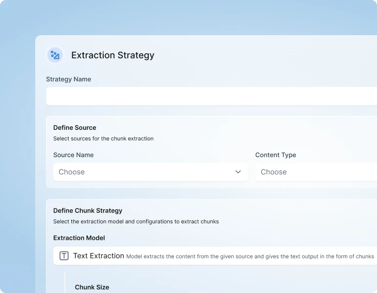 Kore.ai extraction strategy panel with text extraction and chunk size configuration