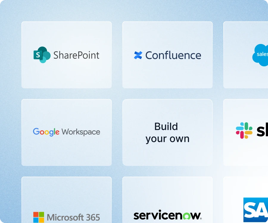 Enterprise app integrations with SharePoint, Confluence, Google Workspace, Slack, and ServiceNow