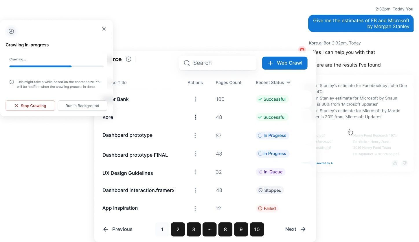 Kore.ai web crawling in progress dashboard with content indexing status