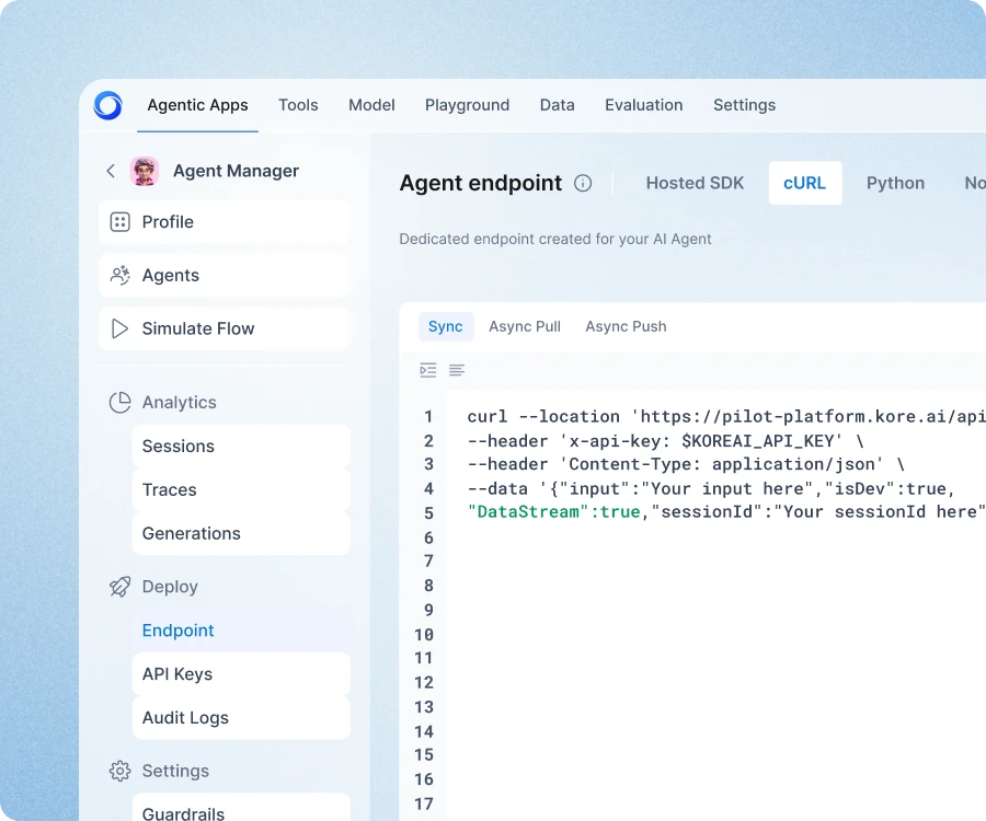 Kore.ai Agent Manager API endpoint setup with cURL for AI agent integration
