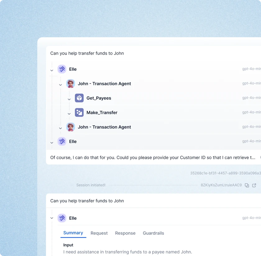 Kore.ai Observability monitoring dashboard showing transaction session details with input, response summary, and guardrail validation for compliance