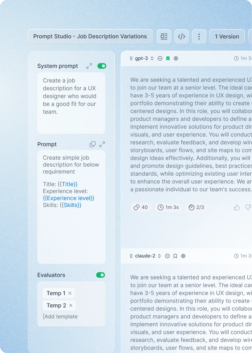 Prompt editor interface for creating and comparing job descriptions using multiple AI models.