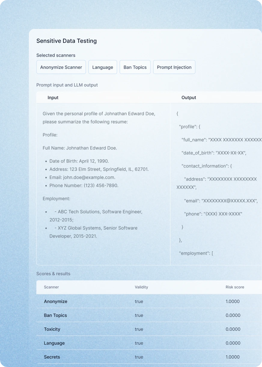 Sensitive data testing interface illustrating anonymization processing, showing sample PII data in input and masked output, and detailed scanner scores for risk assessment in AI compliance.