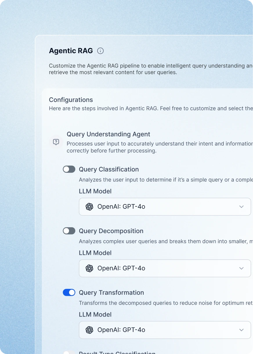 Agentic RAG pipeline configuration screen showing query understanding, query classification, decomposition, and transformation settings with OpenAI GPT-4o model options.