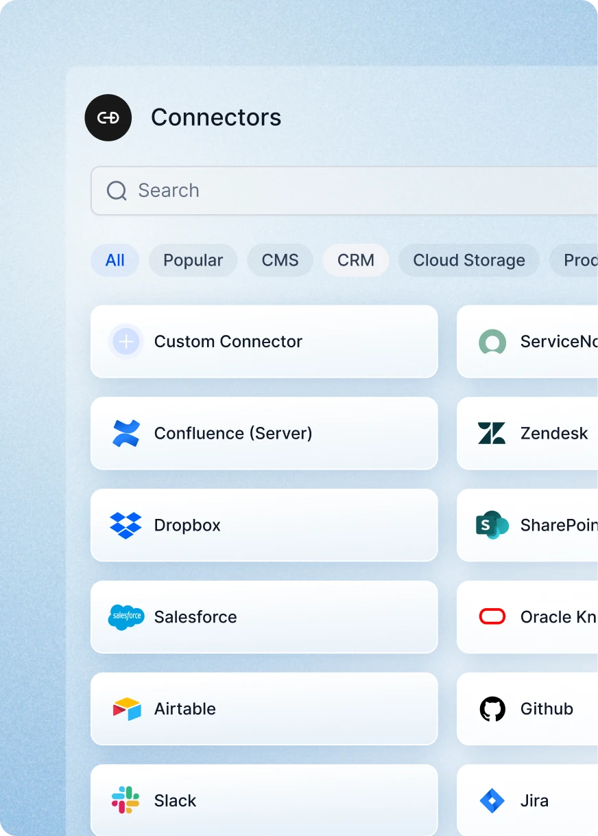 Kore.ai connectors dashboard displaying integrations with Salesforce Zendesk SharePoint Slack and Dropbox.