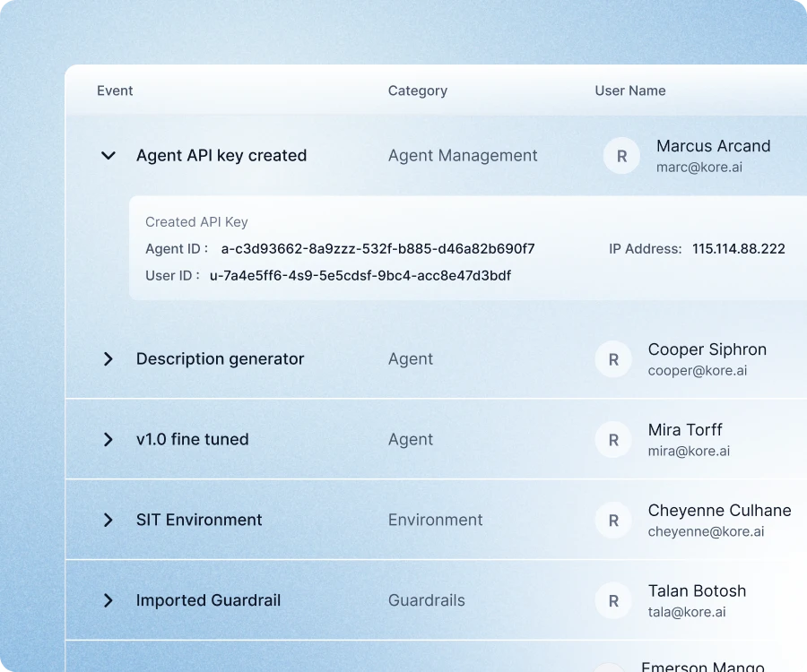 AI governance dashboard in Kore.ai Agent Platform showing agent API key creation, event logs, user activity, and compliance tracking