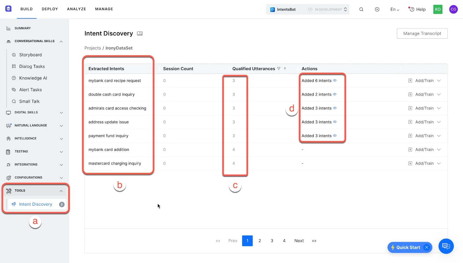 Intent discovery on kore