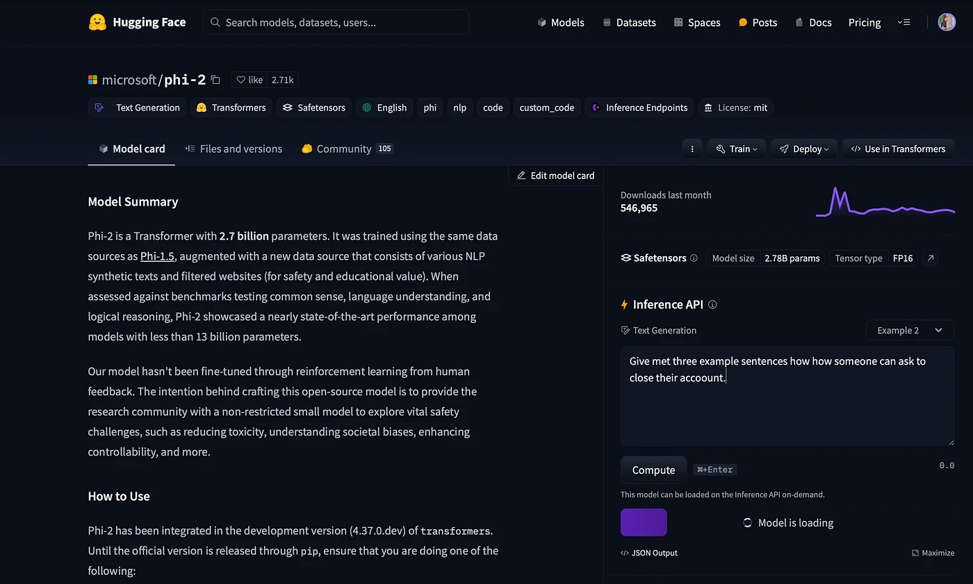 Screenshot of Hugging Face Phi-2 model page showing model summary, features, inference API, and usage metrics..