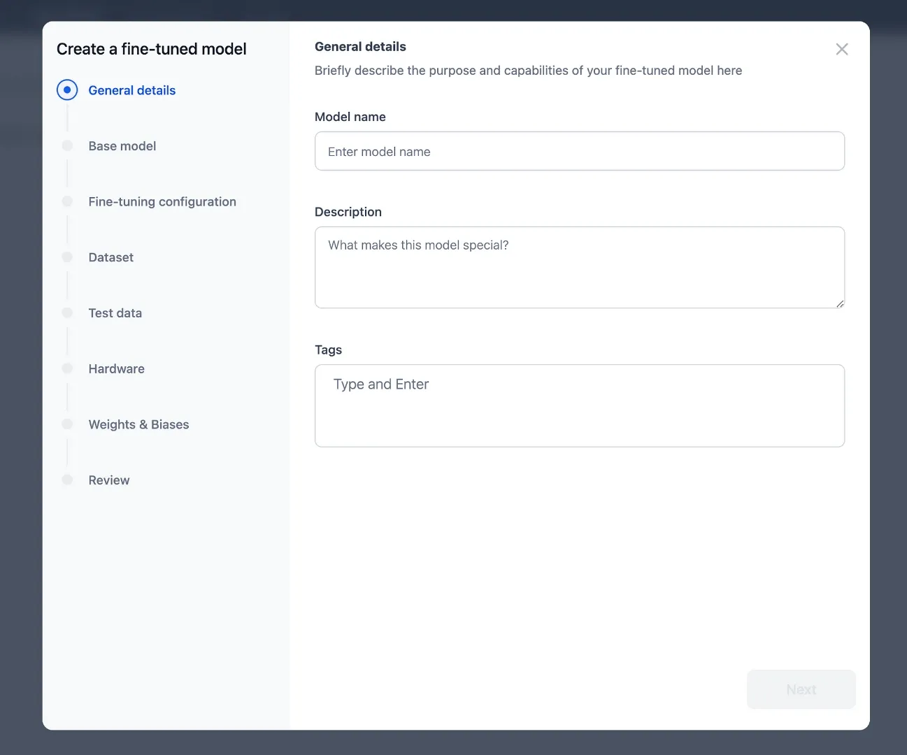 GALE platform interface for creating a fine-tuned AI model.