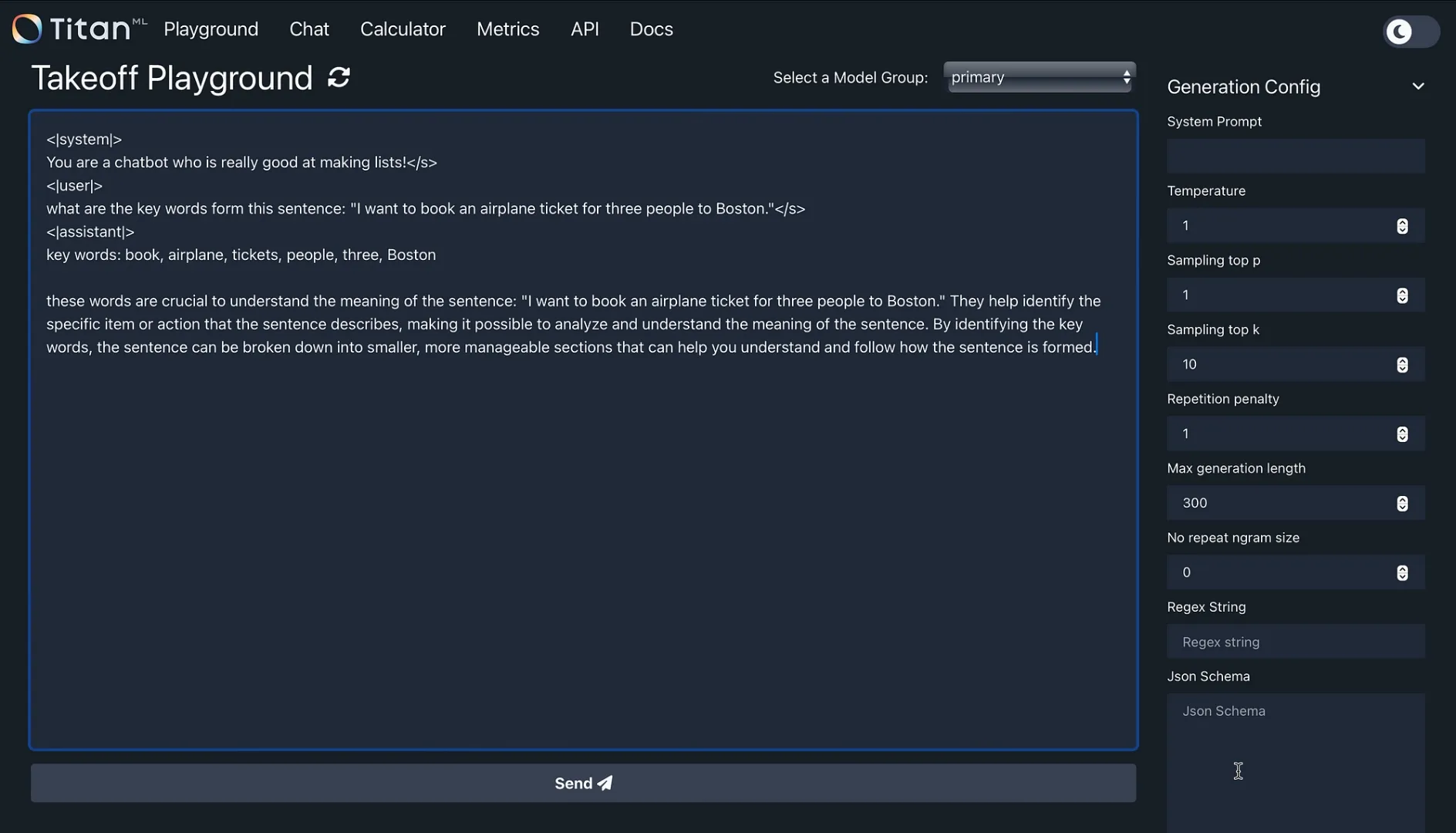 TitanML Takeoff Playground interface for testing AI prompts.