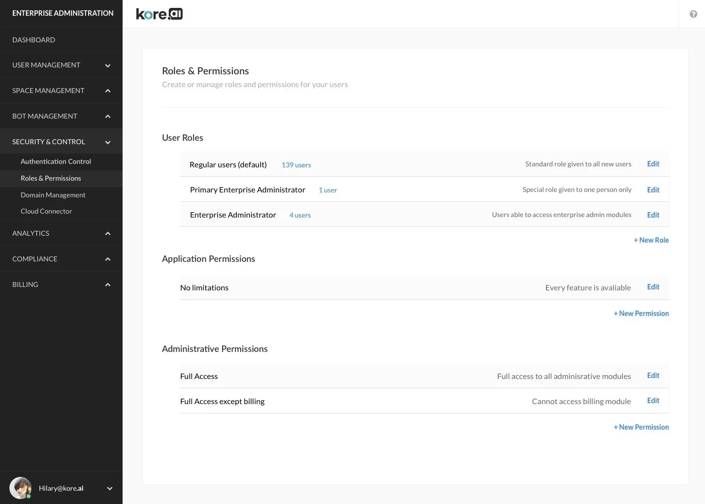 Kore.ai Enterprise Administration Roles and Permissions page displaying default user roles (Regular Users, Primary Enterprise Administrator, Enterprise Administrator) and configuration options for Application and Administrative Permissions.