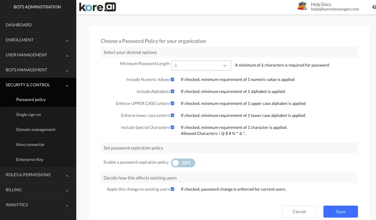 Kore.ai Password Policy configuration settings screen, allowing administrators to define the minimum password length (e.g., 6 characters) and enforce requirements for including numeric values, alphabets, uppercase letters, lowercase letters, and special characters, along with password expiration and policy application to existing users.