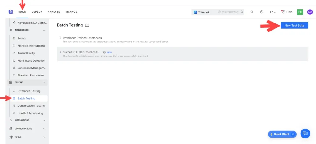 Kore.ai Build tab Batch Testing screen, highlighting the menu link for Batch Testing and the button to create a new Test Suite for Natural Language Understanding (NLU) validation.
