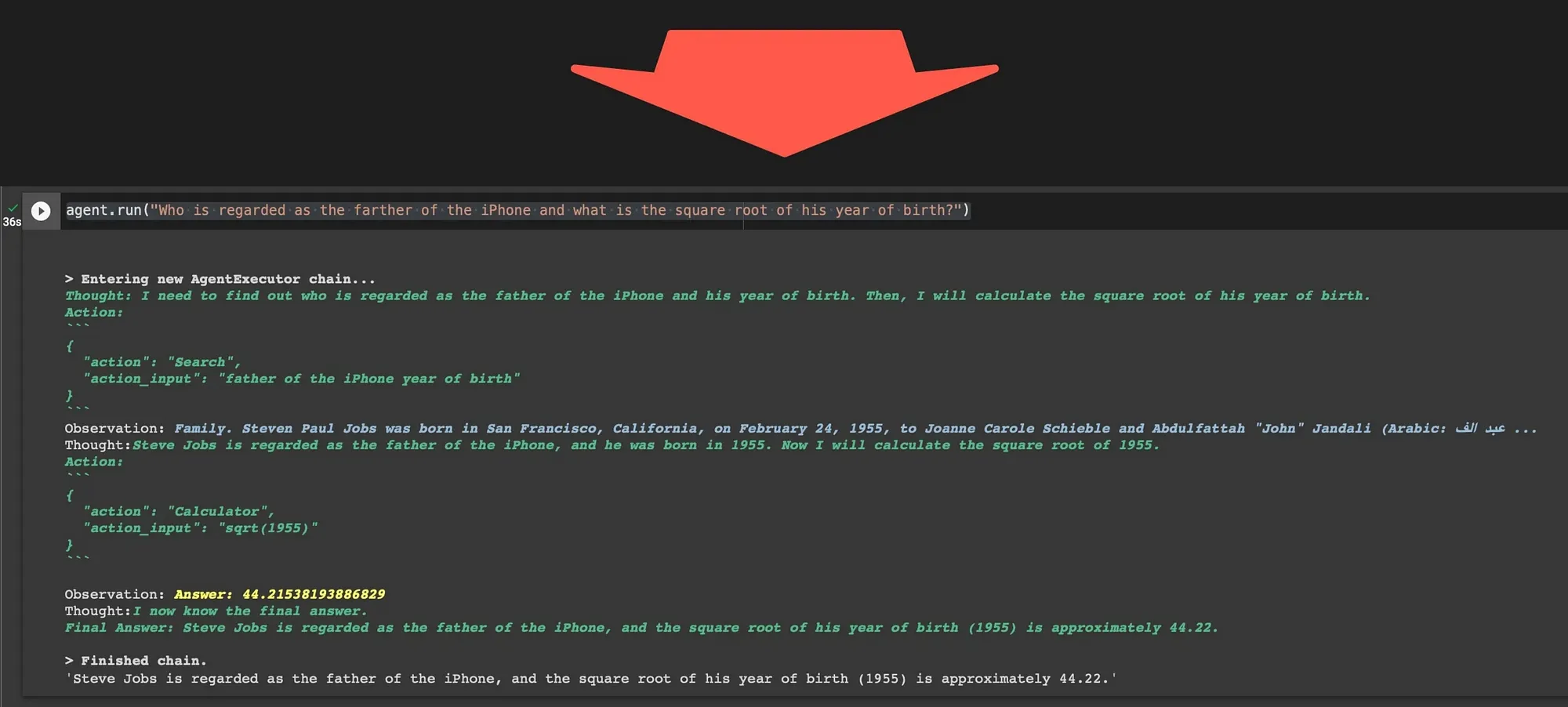 Practical example of an agent executor chain using LangChain, breaking down a complex query into "Search" and "Calculator" actions to find an answer.
