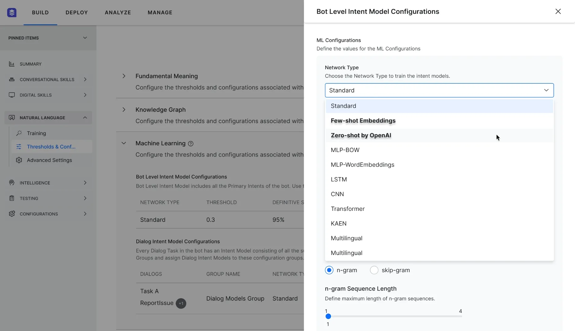 Screenshot of the Kore.ai platform's Bot Intent Model Configurations showing options for training network types, including Standard, Few-shot Embeddings, and Zero-shot by OpenAI for advanced model building.