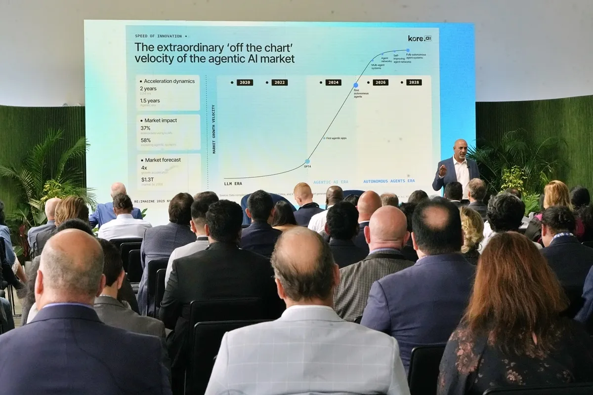 Kore.ai Founder & CEO Raj Koneru presenting a slide on the "off the chart" velocity of the agentic AI market and the transition from the LLM Era to the Agentic AI Era.