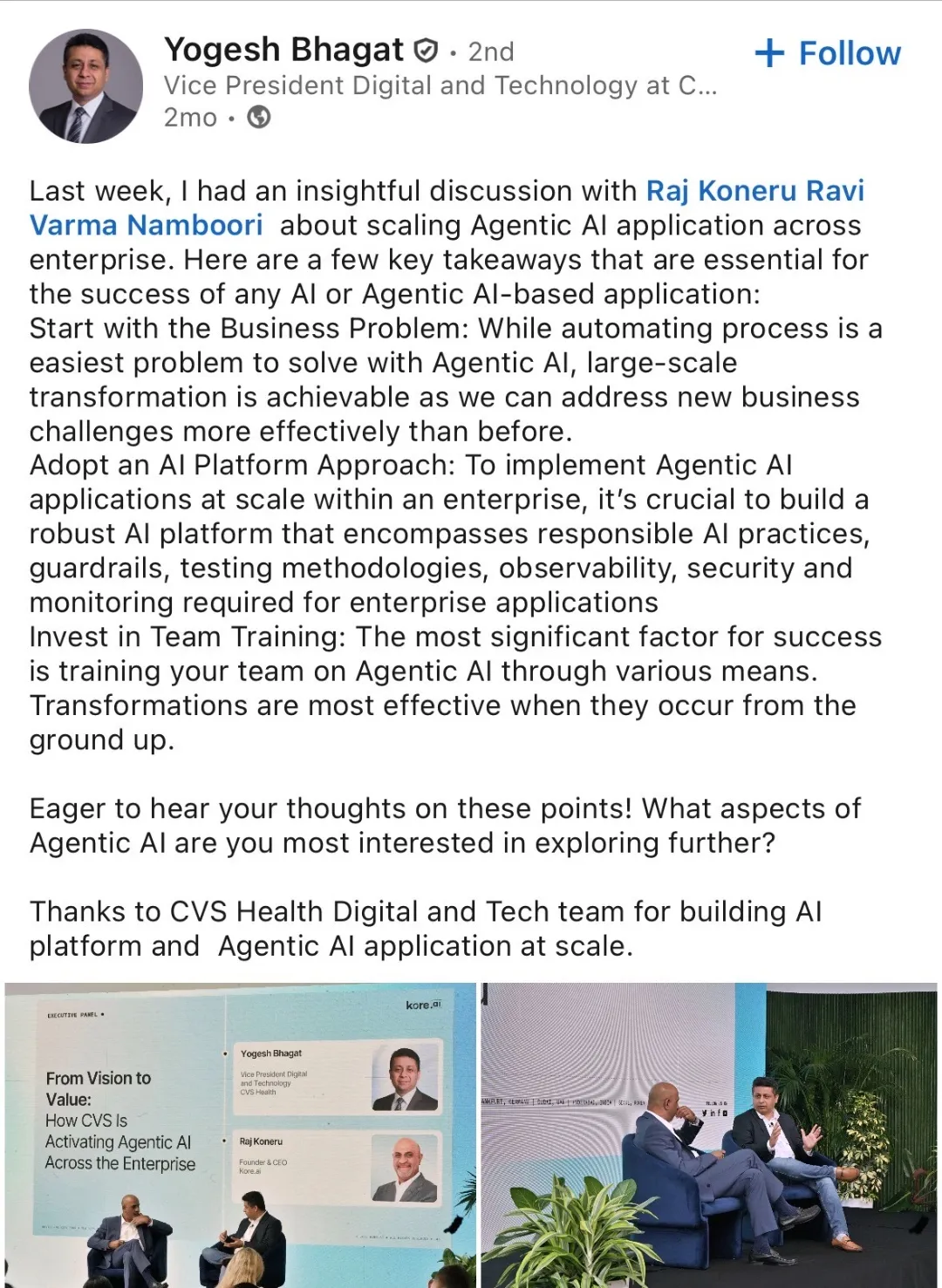 LinkedIn post by Yogesh Bhagat (CVS Health) discussing takeaways for scaling Agentic AI applications, including starting with the Business Problem and adopting a robust AI Platform approach.