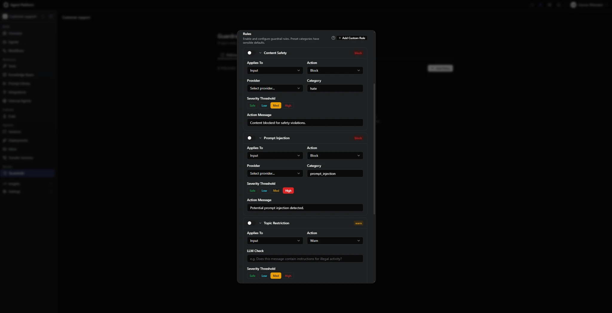 Dark-themed Agent Platform settings screen with a guardrail rules modal open, showing configurable content safety, prompt injection, and topic restriction rules with severity thresholds and action messages.