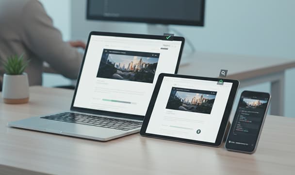 Responsive website displayed on laptop, tablet, and smartphone during testing and optimization process.