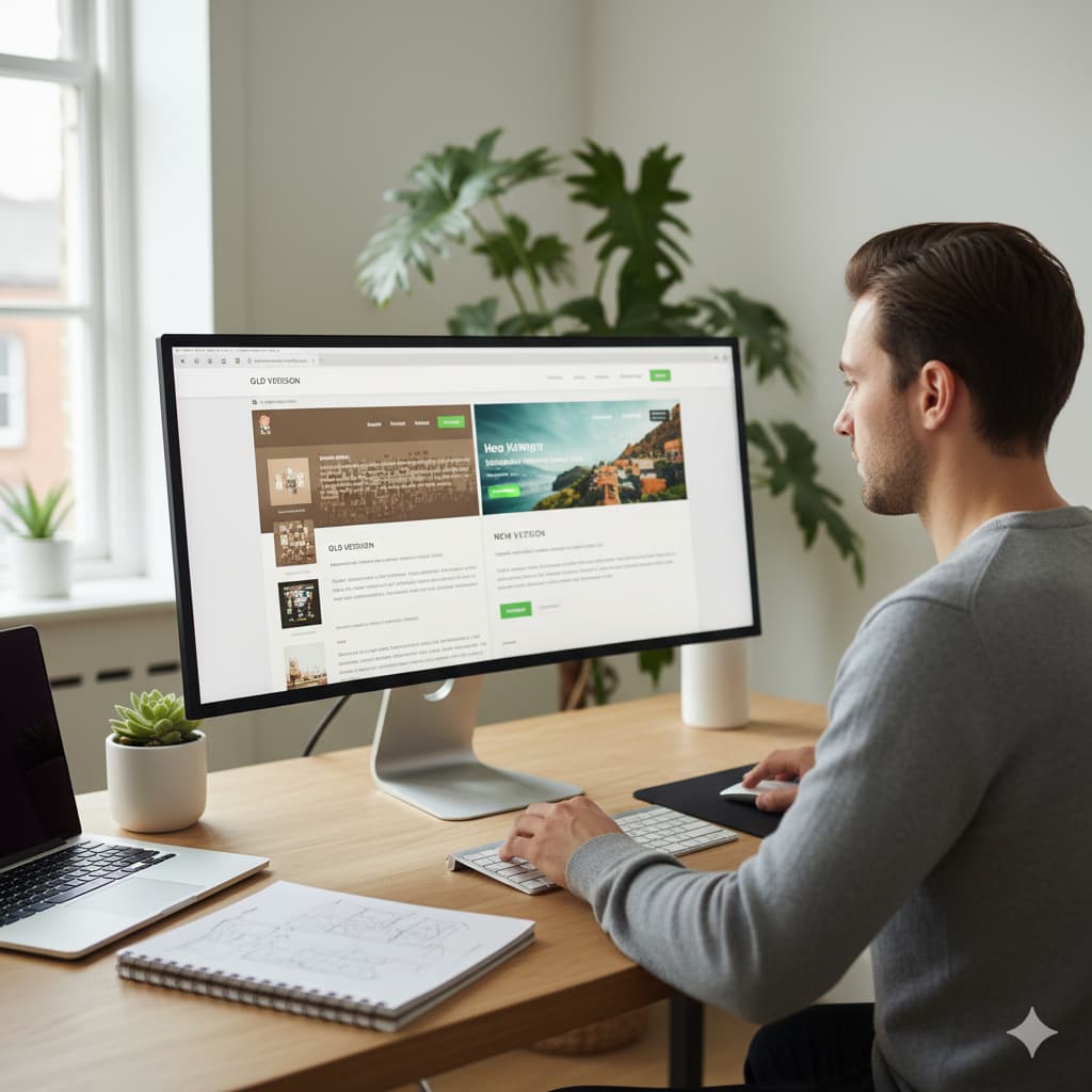 Web designer working on a website redesign, comparing the old and new versions on the computer screen.