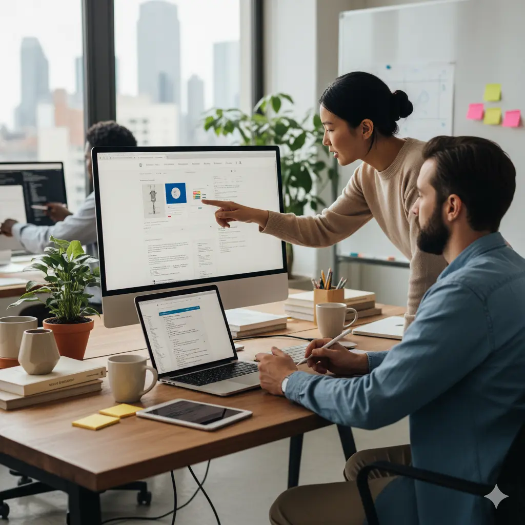Design and development team collaborating in a modern office, reviewing a web project on a computer screen.