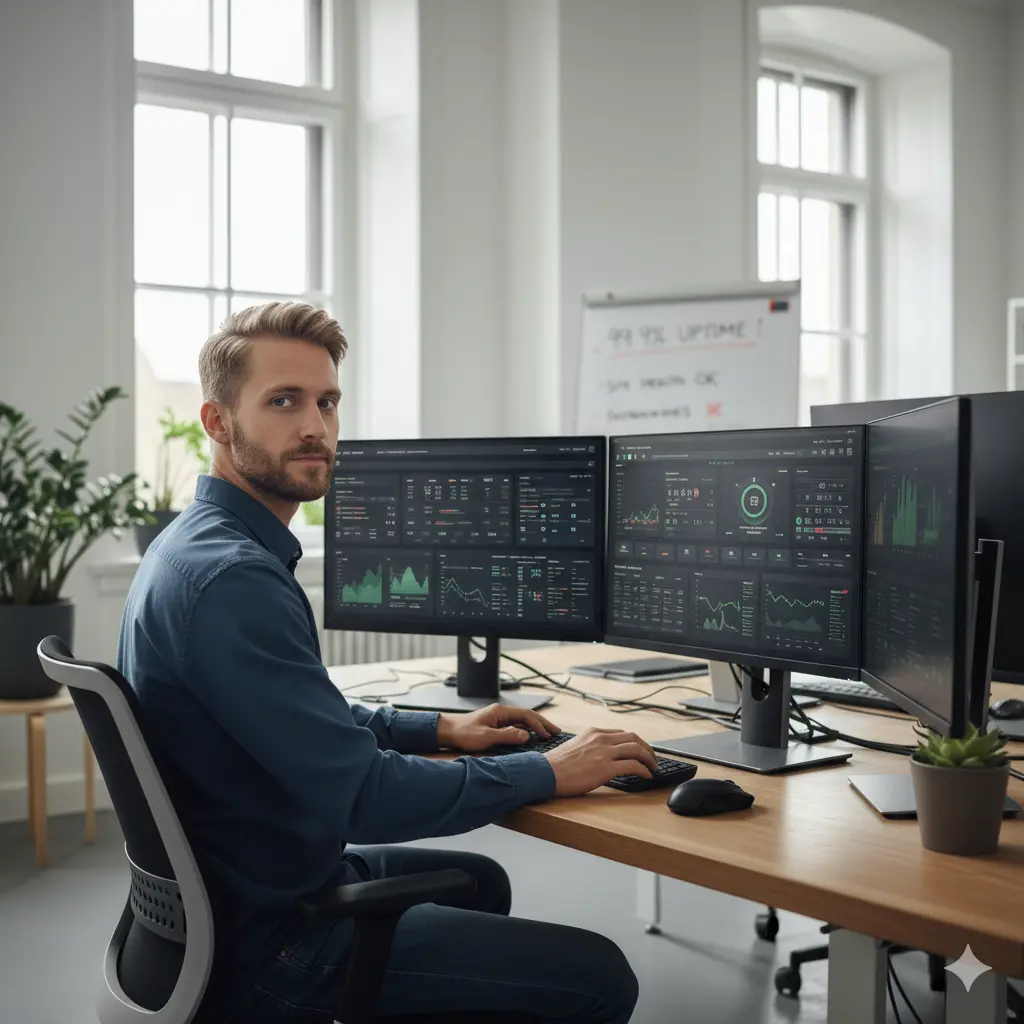 Web specialist monitoring site performance and security.