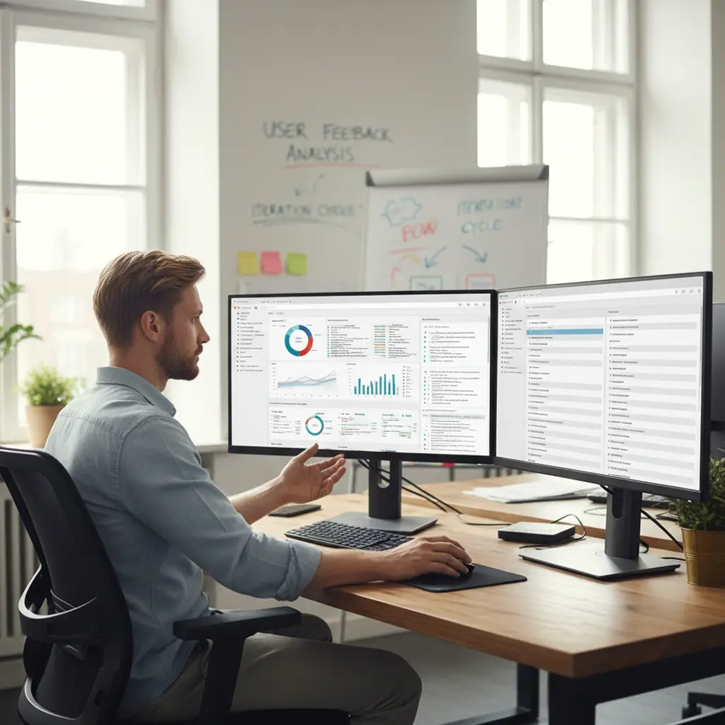 Web analyst reviewing user metrics and feedback on a dashboard.