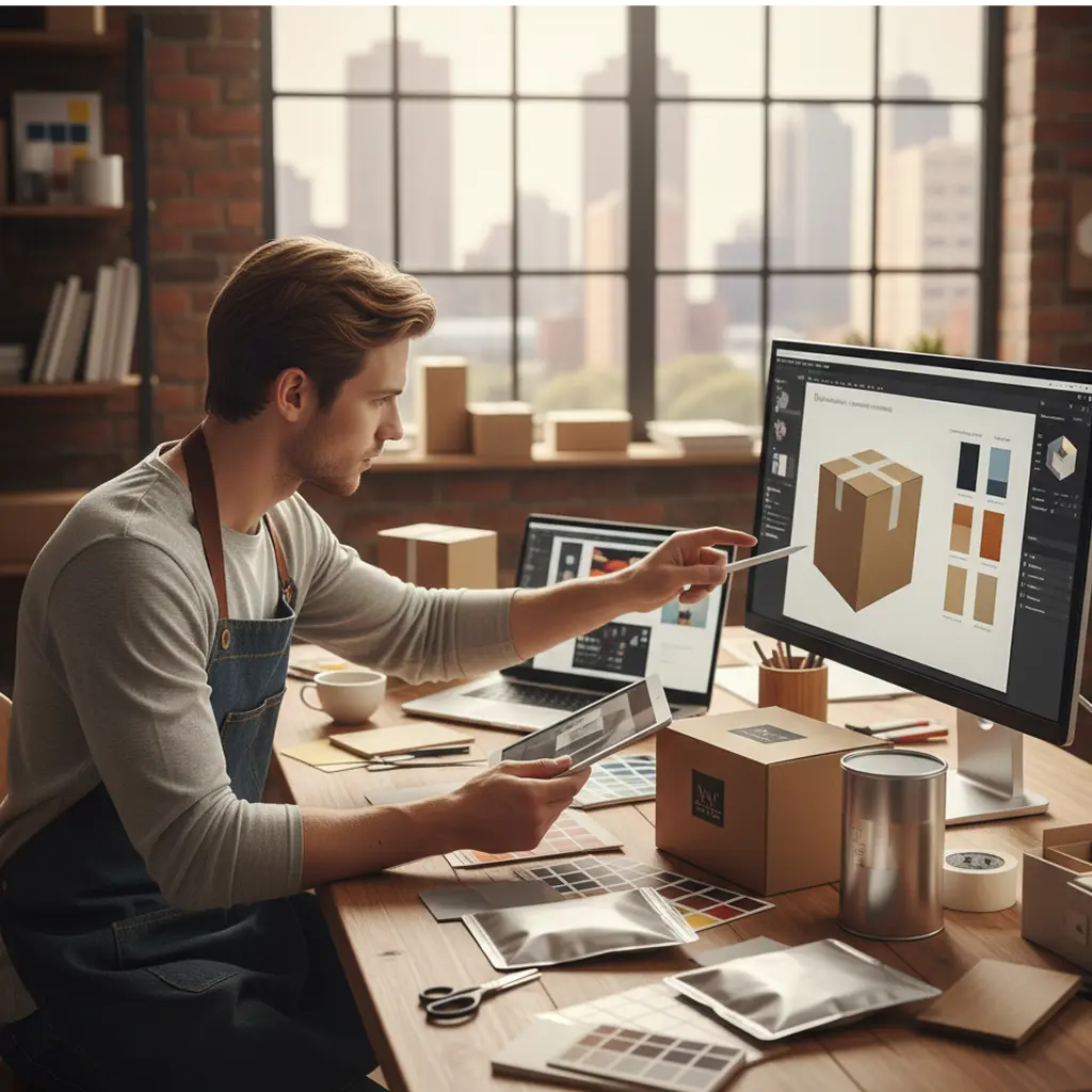 Designer creating a product packaging on his computer.