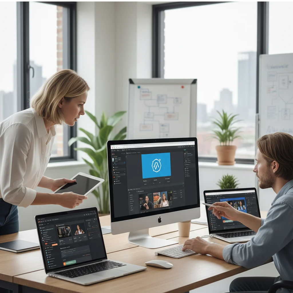 Team of developers collaborating in front of computer screens with web design interfaces in a modern office.