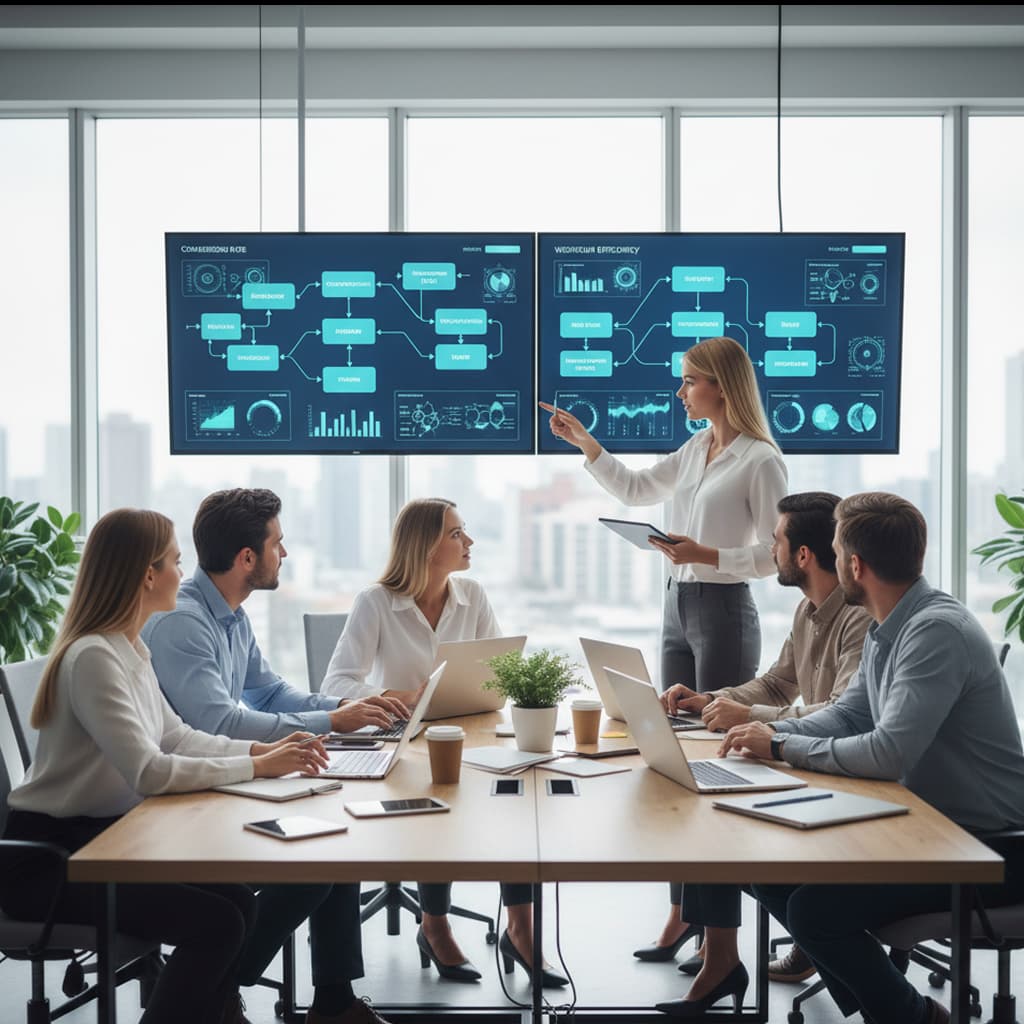 Team analyzing data on screen.