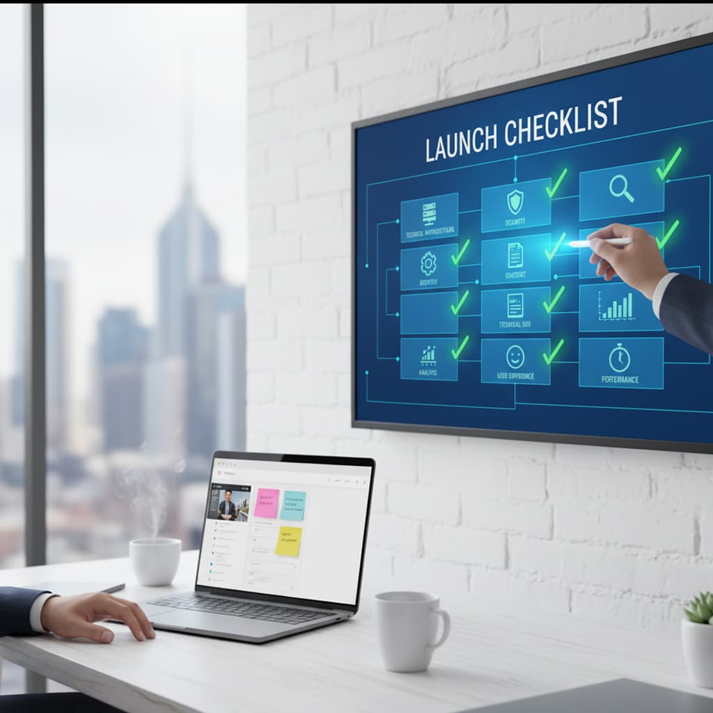 Hand marking a digital launch checklist.