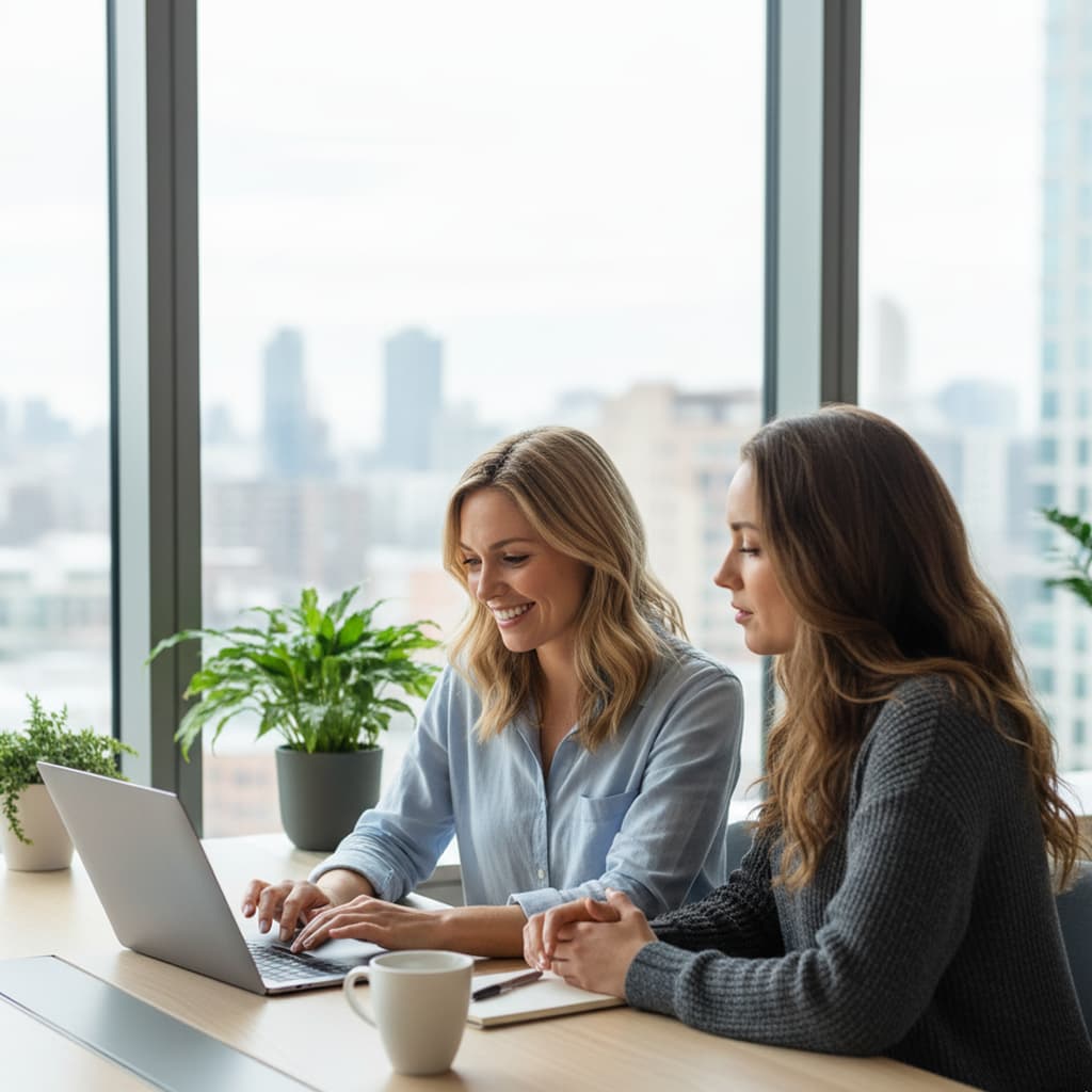 Two women working together on a laptop in a bright office.