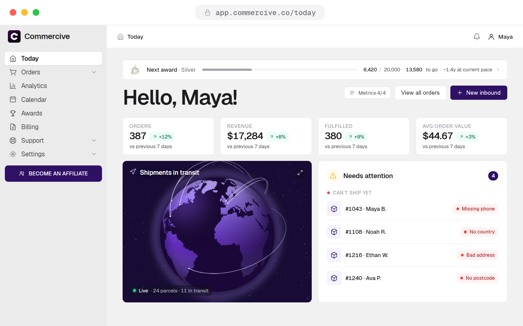 Commercive dashboard showing live orders, shipments and orders that need attention