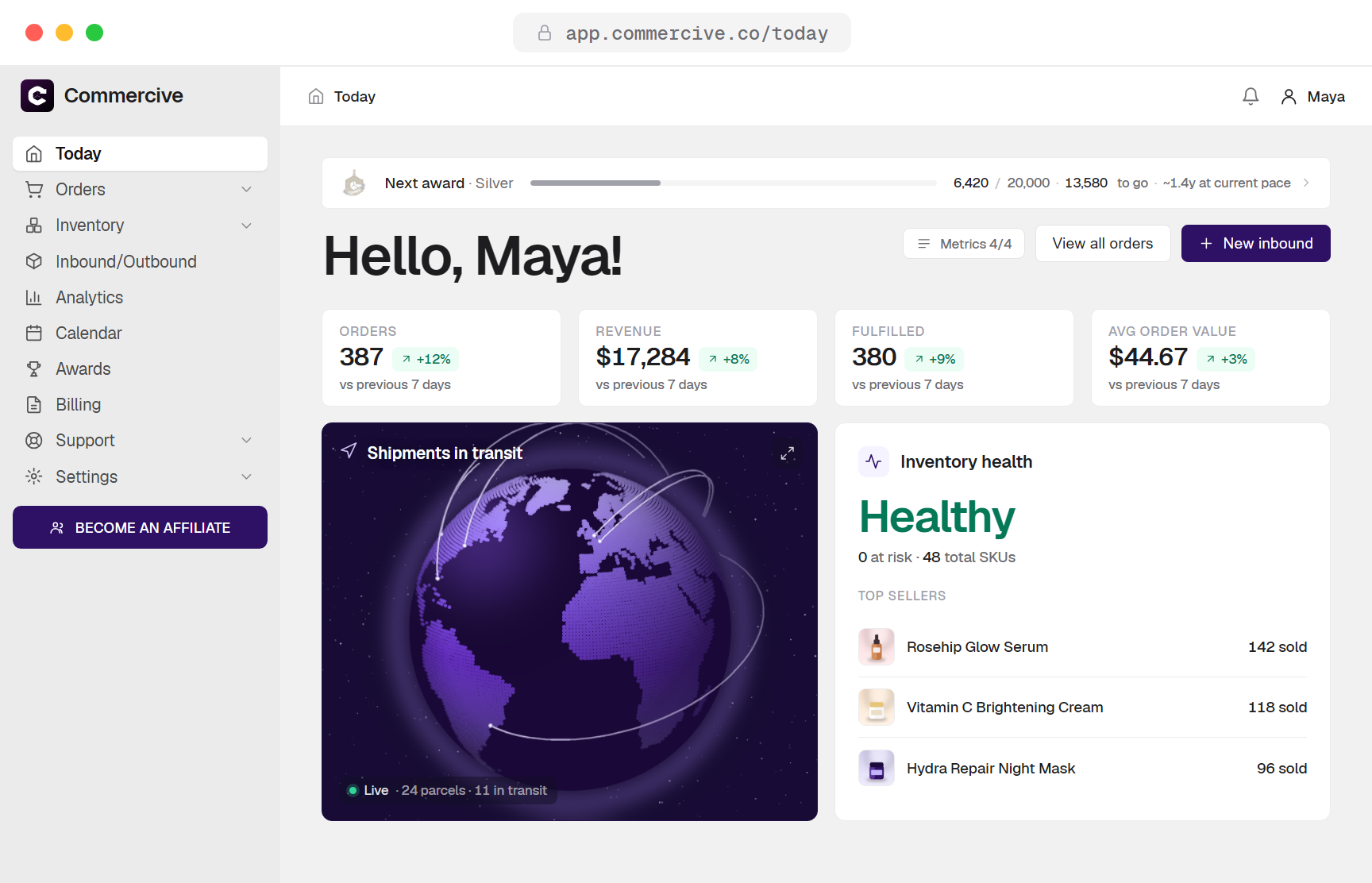 Commercive dashboard showing live orders, shipments and orders that need attention