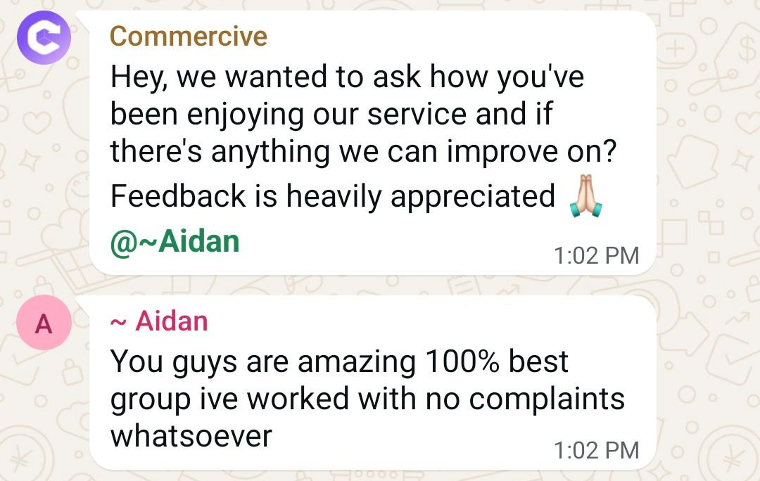 Client feedback from Aidan on WhatsApp