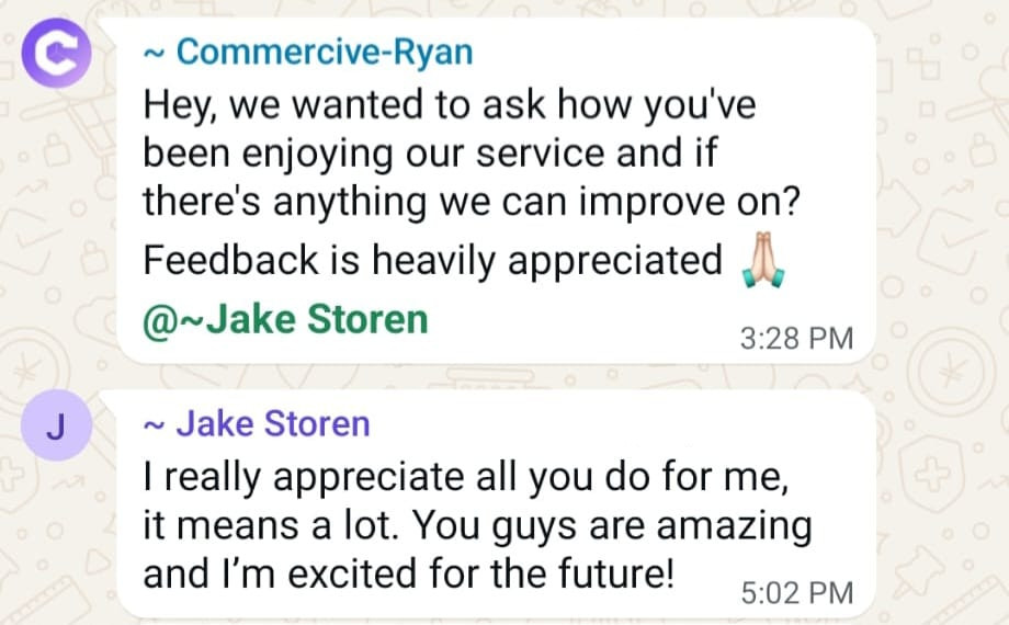 Client feedback from Jake on WhatsApp